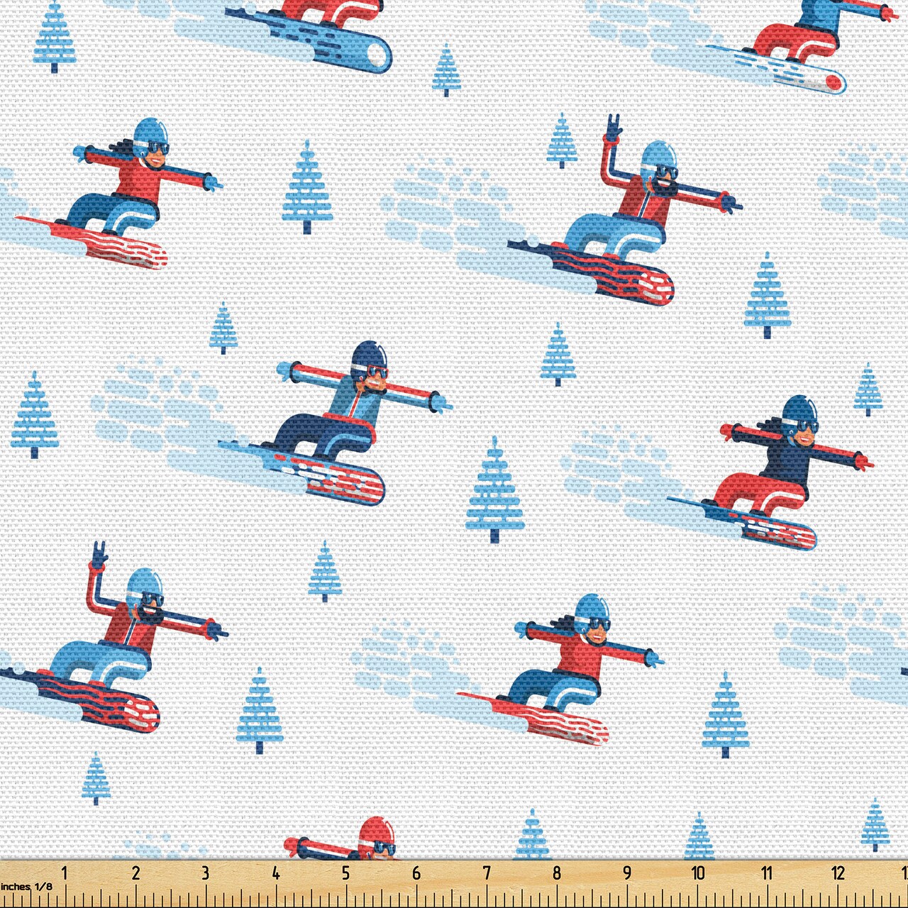 Ambesonne Ski Pattern Fabric by the Yard, Snowboarder Men and Women Funny Cartoonish Style Winter Sports Art, Decorative Fabric for Upholstery and Home Accents, Blue Vermilion White